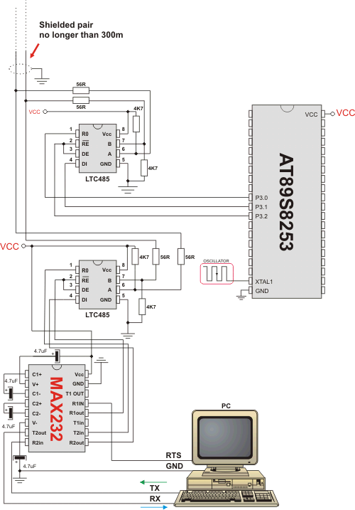 Example of interfacing PC to 8051 MCU via RS485 bus with LTC485 as RS-485 transceiver