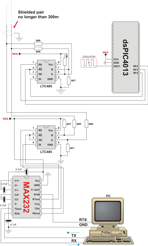 Example of interfacing PC to dsPIC MCU via RS485 bus with LTC485 as RS-485 transceiver