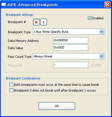 Advanced Breakpoints for dsPIC30F devices window