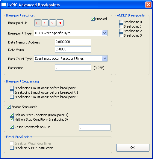 Advanced Breakpoints for dsPIC33F and PIC24 devices window