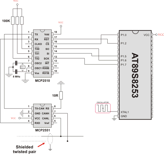 Example of interfacing CAN transceiver MCP2510 with MCU and bus